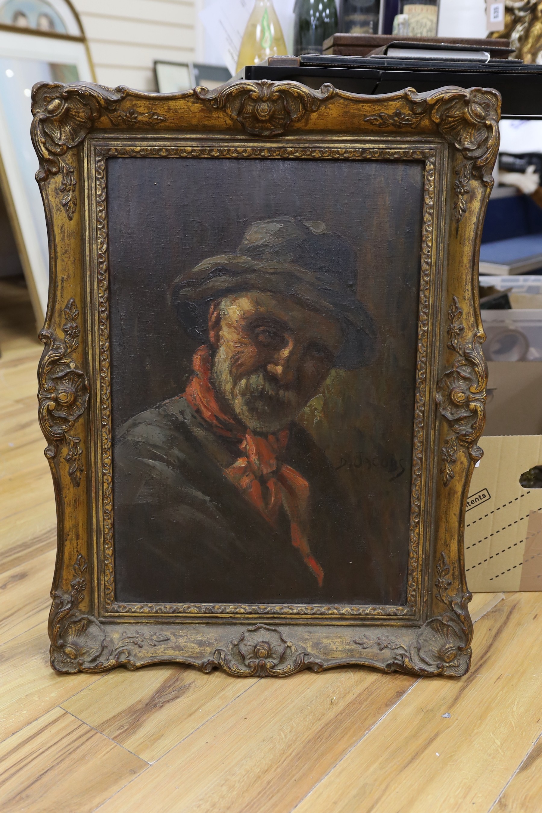 J. Jacobs, oil on board, Portrait of a gentleman wearing a red neckerchief, 56 x 38cm